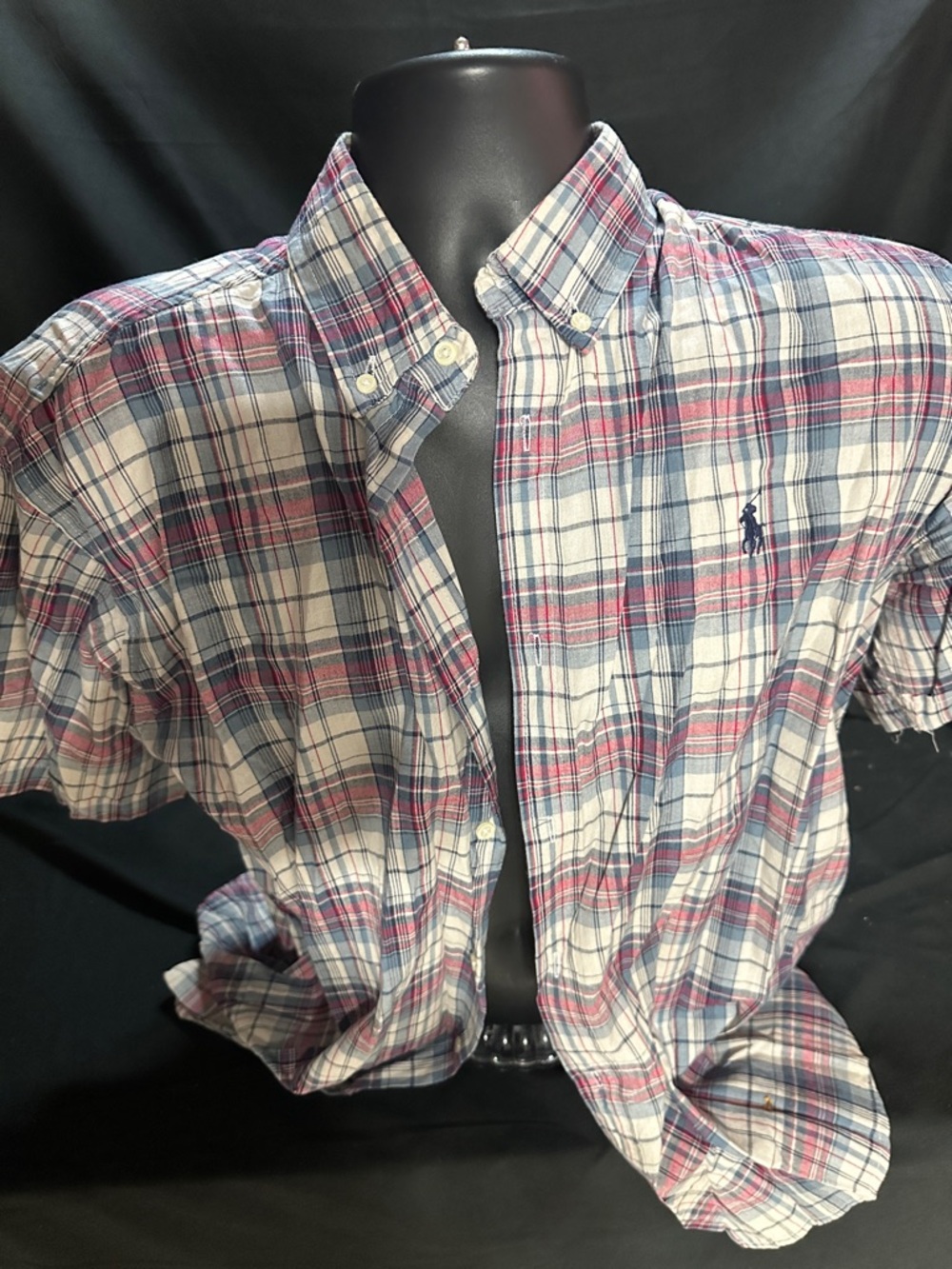 Ralph Lauren Classic Plaid Button-Down Shirt - White, Blue & Red-size L-#565